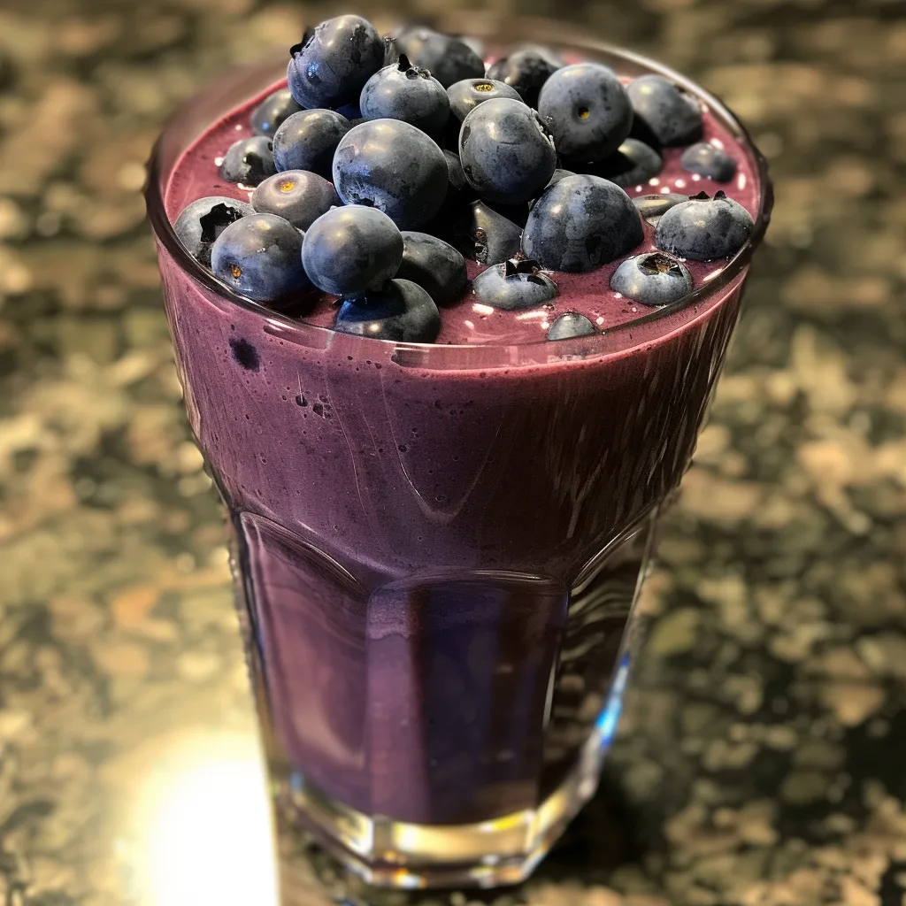 Refreshing blueberry protein shake in a clear glass, showing rich color.