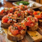 Juicy Bruschetta displaying layers of fresh ingredients on toasted bread.