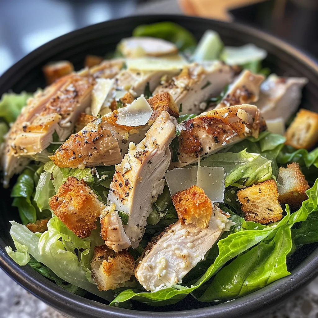 Close-up image of a Caesar Chicken Bowl filled with chicken, lettuce, croutons, and dressing.