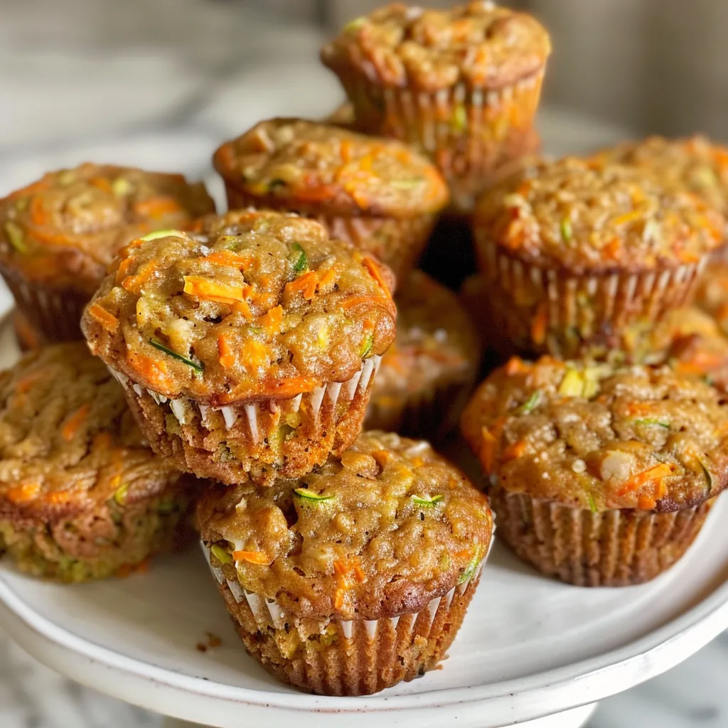 Freshly baked carrot zucchini mini muffins with visible chunks of walnuts and raisins.