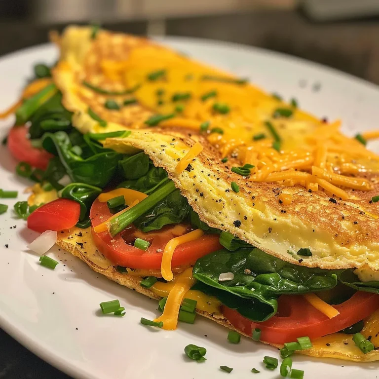 Juicy cheese and spinach omelet on a plate, showcasing its fluffy texture and vibrant colors.