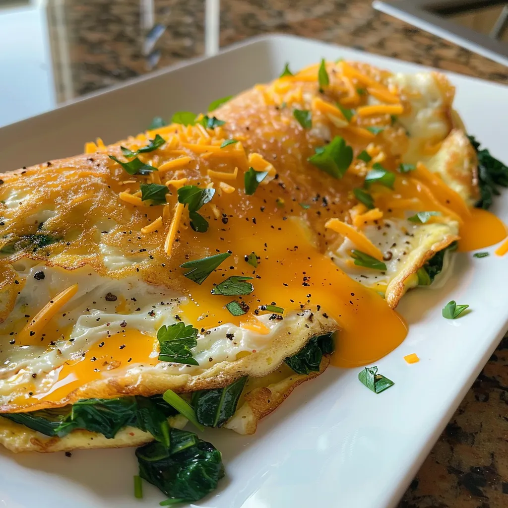 An appetizing close-up of a spinach omelet, highlighting the ingredients and garnishing.