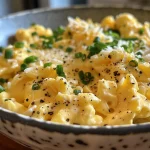 Side angle shot of a serving of cheesy scrambled eggs.