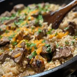 An appetizing dish showcasing a Cheesy Steak and Rice Skillet, highlighting colorful ingredients and a hearty texture.