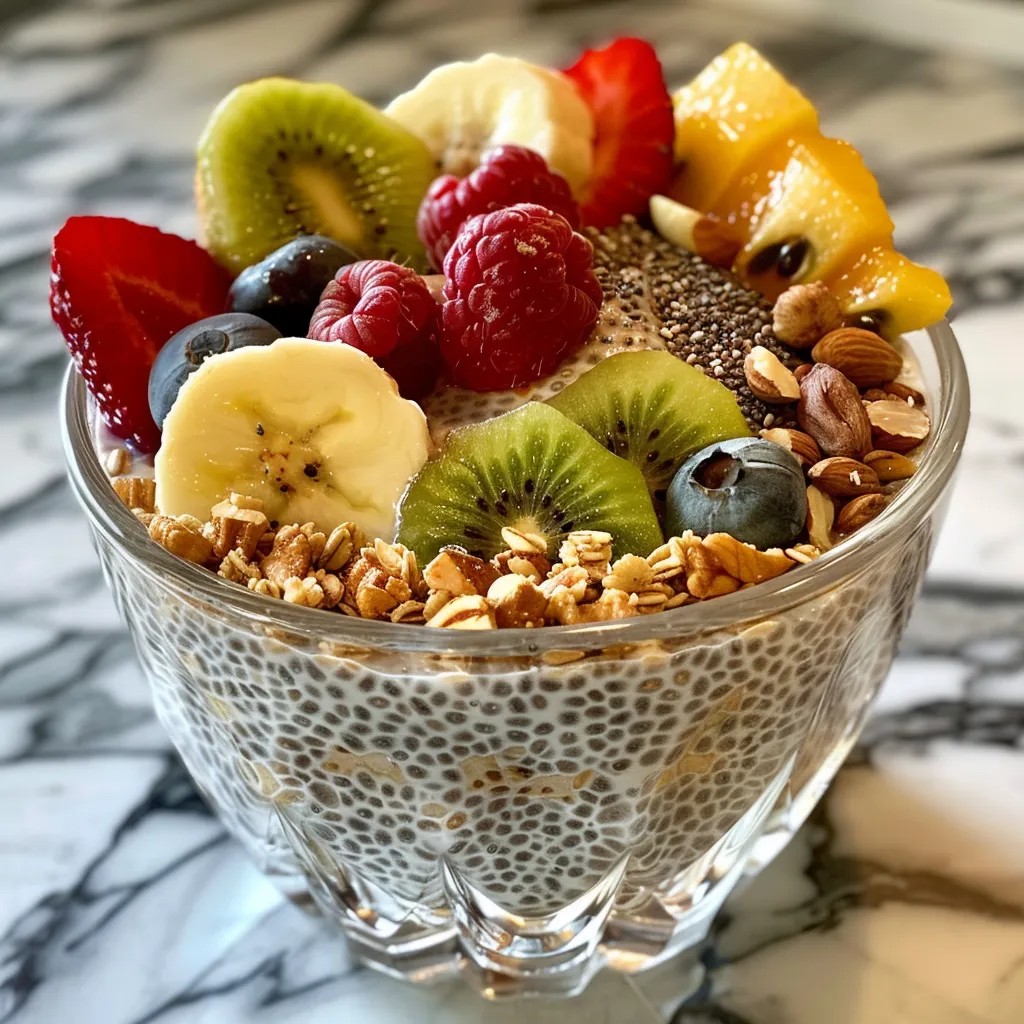 A delicious chia seed pudding served in a clear container, highlighting its ingredients.