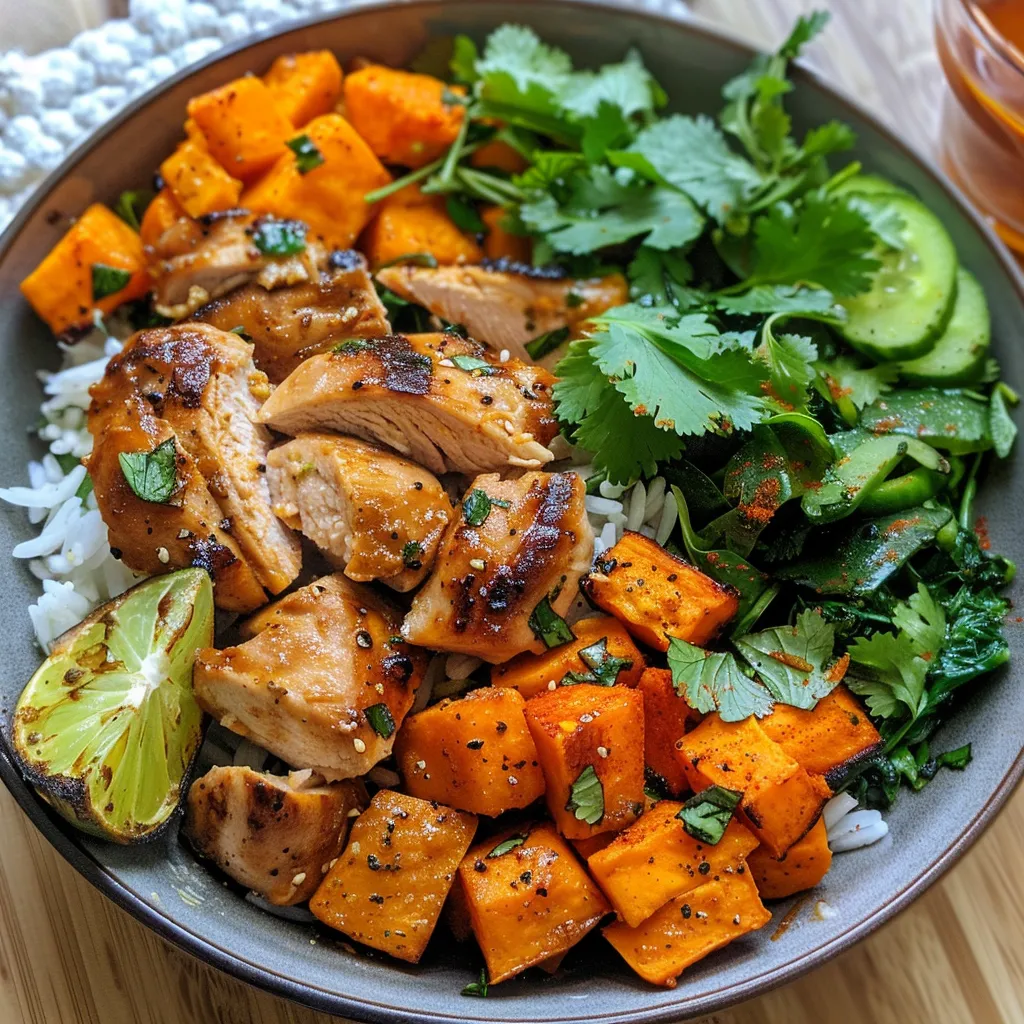 Side view of a prepared bowl filled with chicken, sweet potatoes, and green veggies.