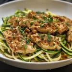 Appetizing plate of chicken breast and zoodles displayed beautifully on a surface.