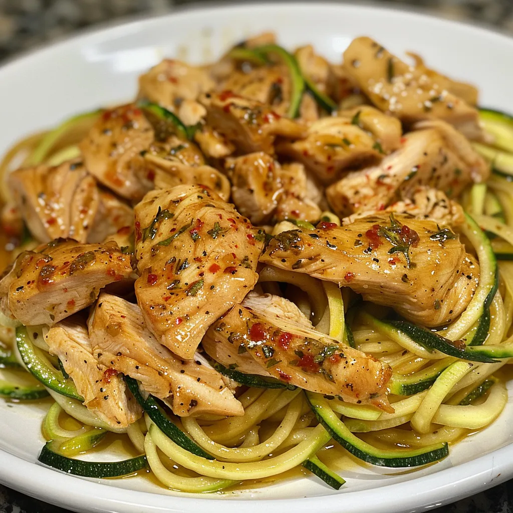 Colorful presentation of sautéed chicken breast with zucchini noodles garnished.