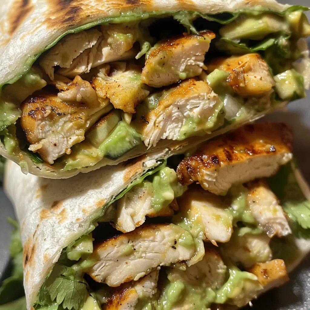 Delicious wrap featuring chicken, avocado, and colorful veggies.