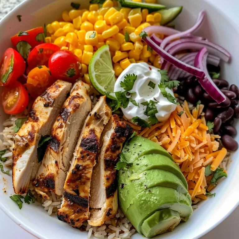 A colorful Chicken Burrito Bowl filled with chicken, beans, and vegetables.
