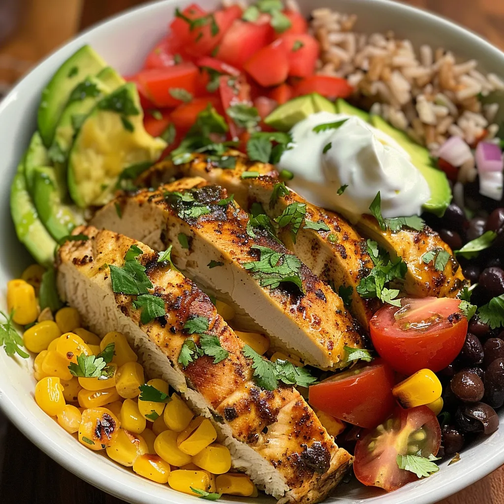 Juicy Chicken Burrito Bowl showcasing layers of chicken, avocado, and cheese.