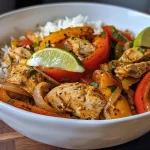 Juicy Chicken Fajita Rice Bowl featuring rice and assorted vegetables.