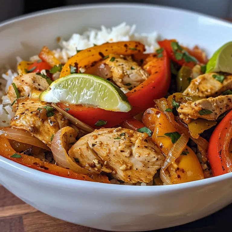 Juicy Chicken Fajita Rice Bowl featuring rice and assorted vegetables.