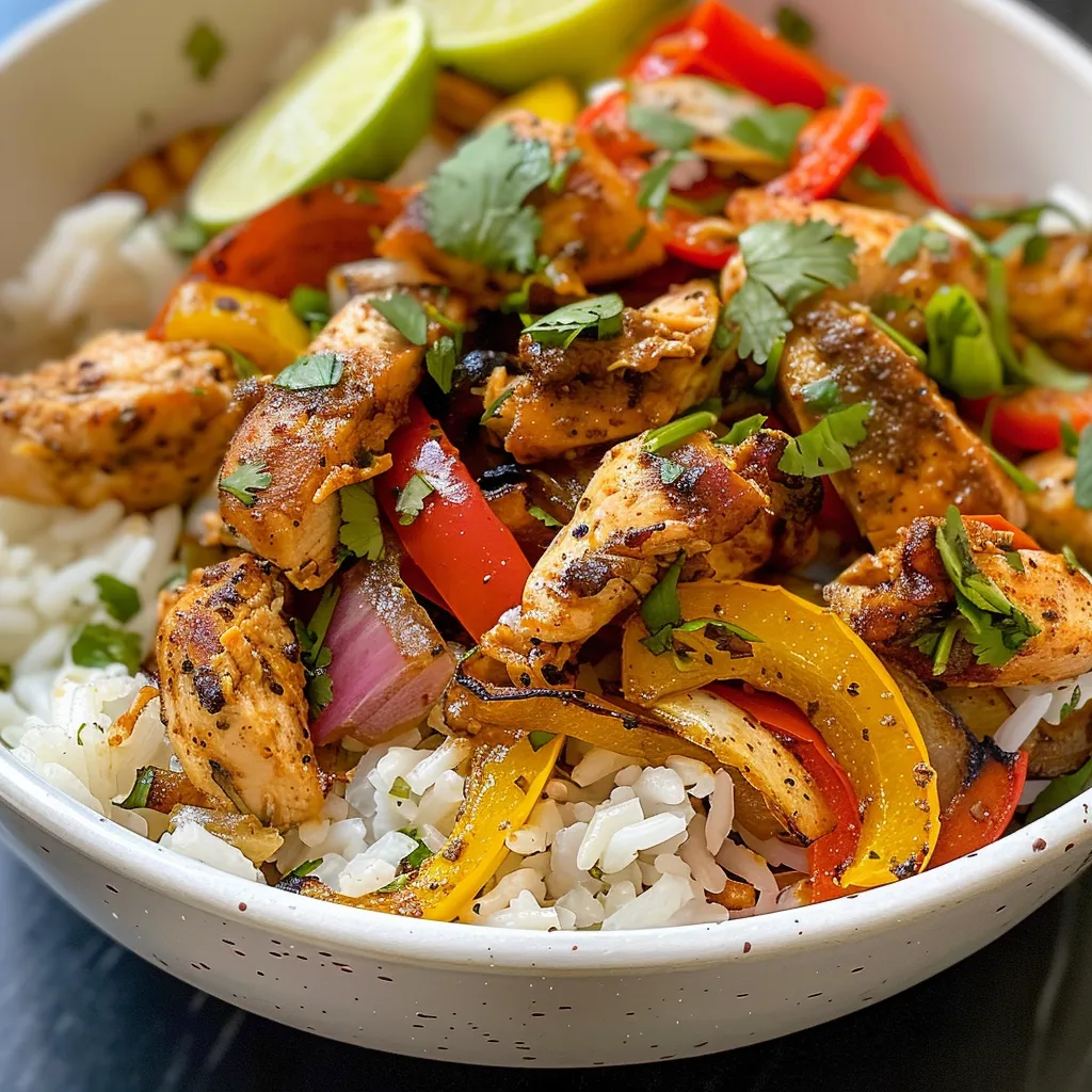 Detailed look at a Chicken Fajita Rice Bowl with glistening chicken and fresh toppings.