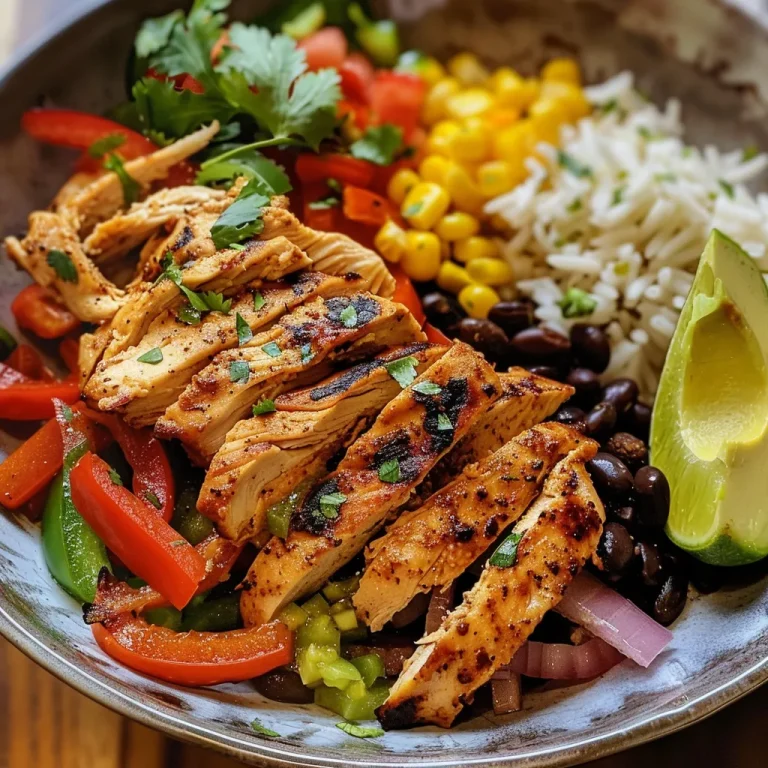 A rich Chicken Fajitas Bowl showcasing layers of chicken, peppers, and beans over a bed of rice.
