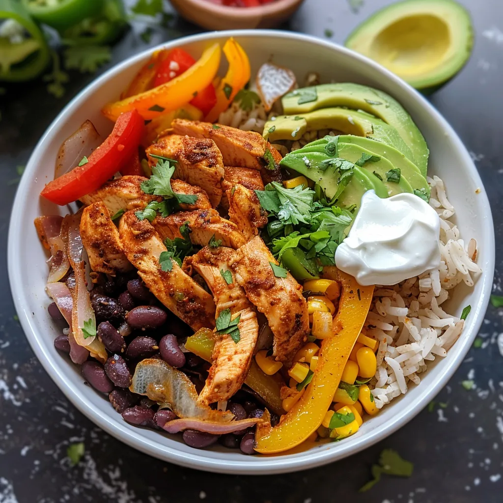 Close-up shot of a Chicken Fajitas Bowl, highlighting juicy chicken and various colorful toppings.