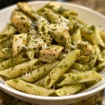 Juicy Chicken Pesto Pasta served in a bowl, with visible pieces of chicken and pasta.