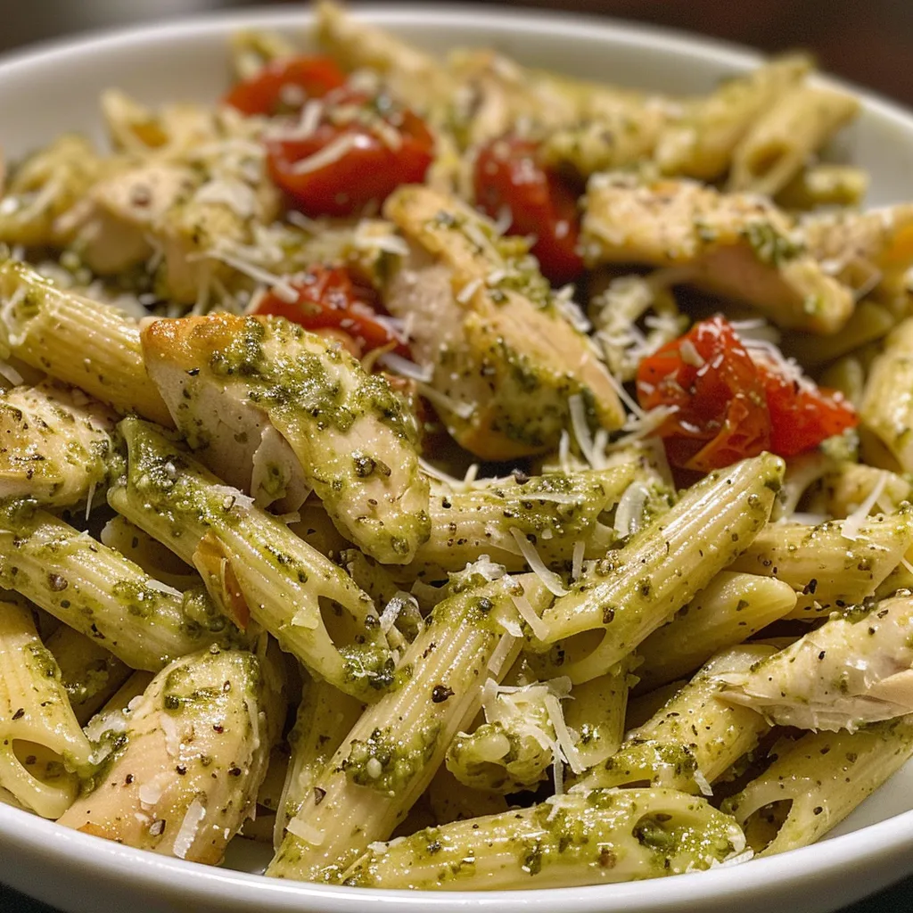 A delicious plate of Chicken Pesto Pasta, showcasing the texture of the pasta and sauce.