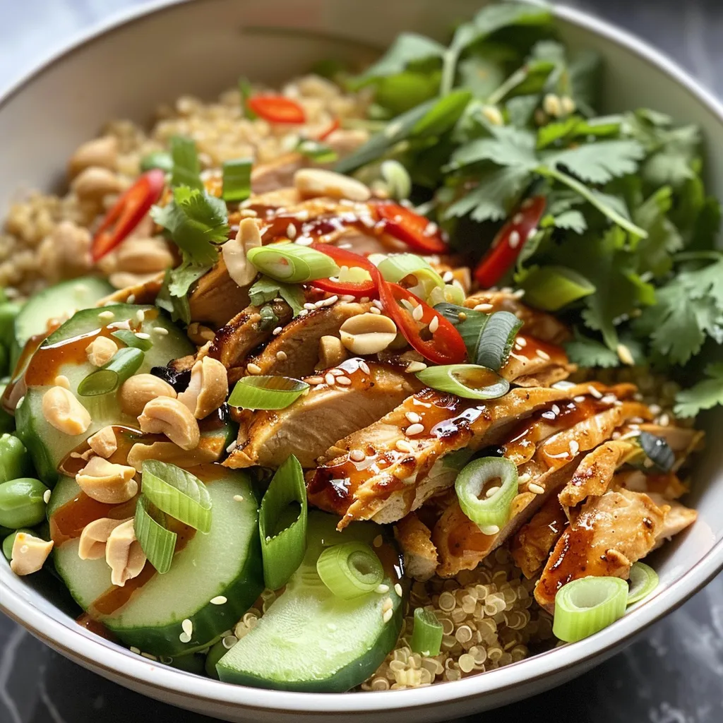 Side view of a hearty Chicken Satay Crunchy Quinoa Salad with a variety of vibrant toppings.