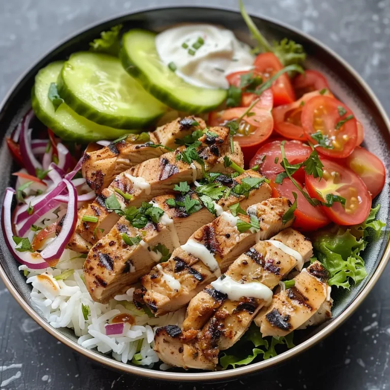 A side view of a delicious Chicken Shawarma Bowl filled with vibrant toppings.