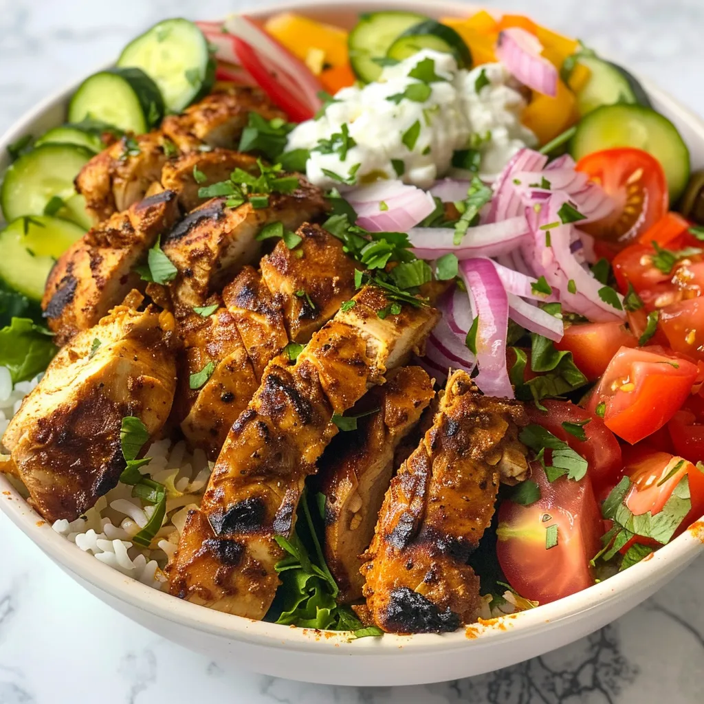A detailed close-up of a Chicken Shawarma Bowl showcasing its fresh ingredients.