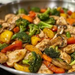 Close-up of sautéed chicken pieces with julienned carrots and sesame garnish.
