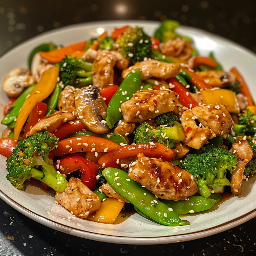 Detailed view of chicken stir fry showcasing fresh ingredients and textures.