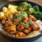 Detailed close-up of a Chicken Teriyaki Bowl featuring succulent chicken, broccoli florets, and colorful garnishes.