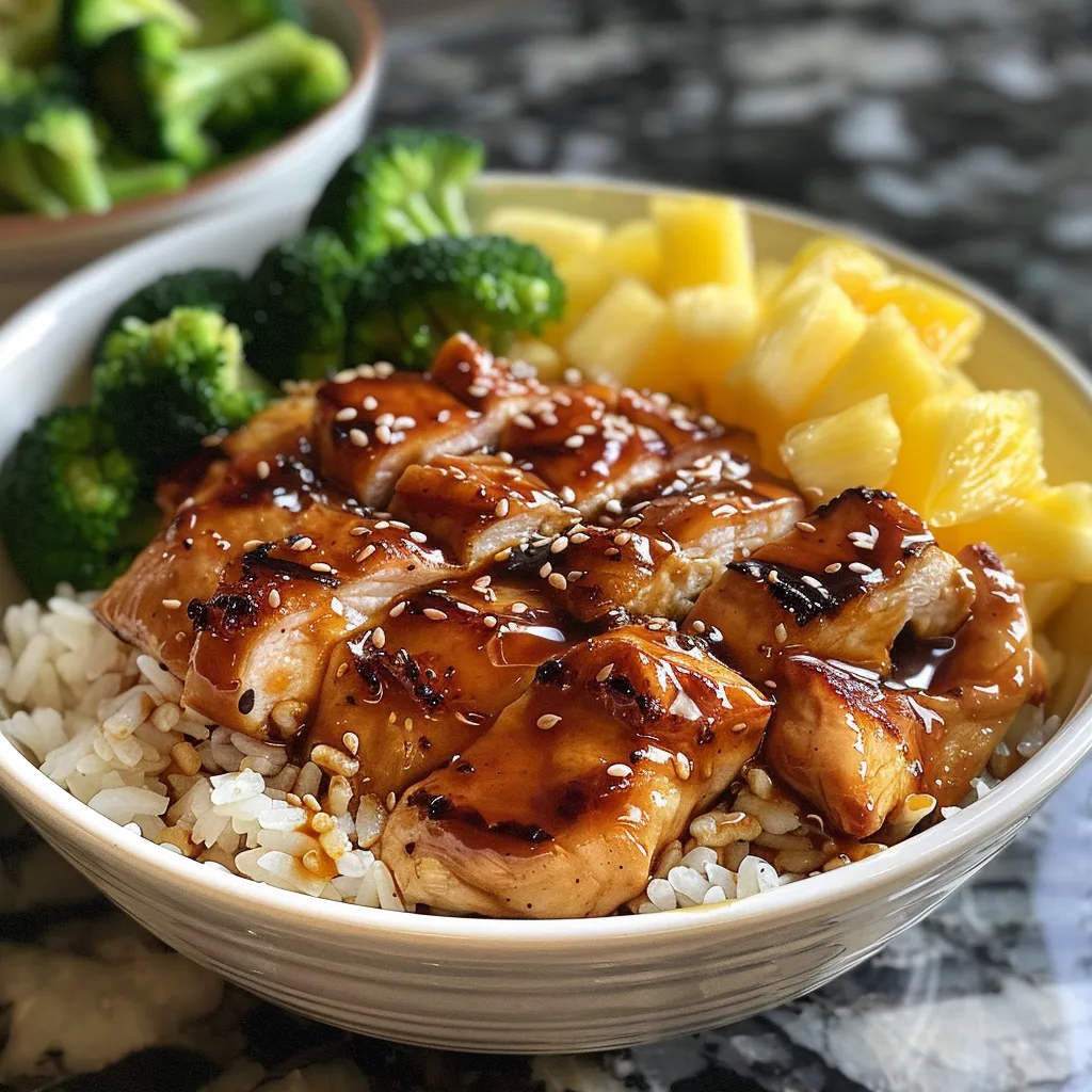 Close-up image of a Chicken Teriyaki Bowl highlighting juicy chicken, fresh broccoli, and sweet pineapple pieces.