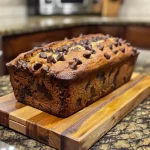 Close-up image showing a golden-brown slice of banana bread with melted chocolate chips.