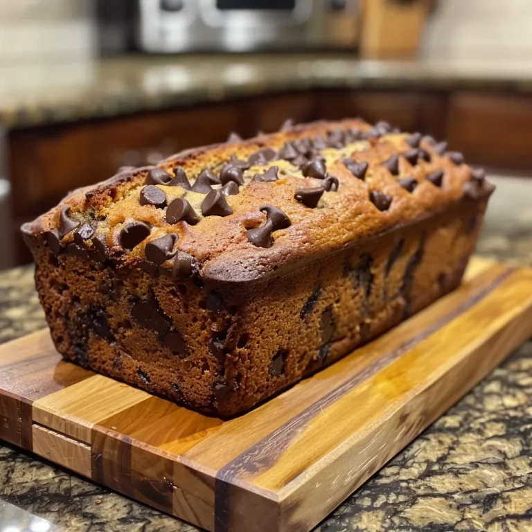 Close-up image showing a golden-brown slice of banana bread with melted chocolate chips.