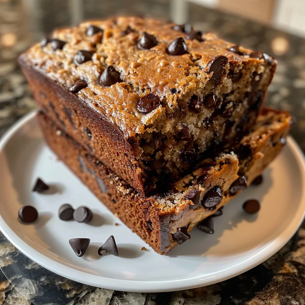 Detailed view of chocolate chip banana bread displaying a soft, moist texture.