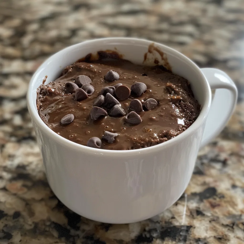 A side angle view of a delicious chocolate protein mug cake topped with nut butter.