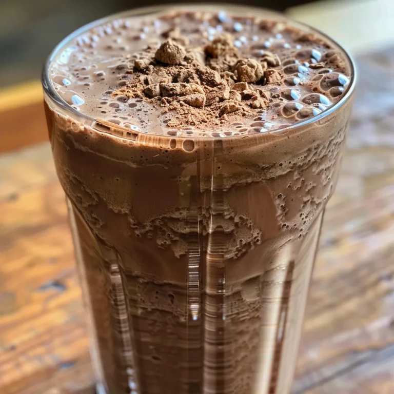 Juicy chocolate protein shake captured in a glass with ingredients like yogurt and milk visible in the background.