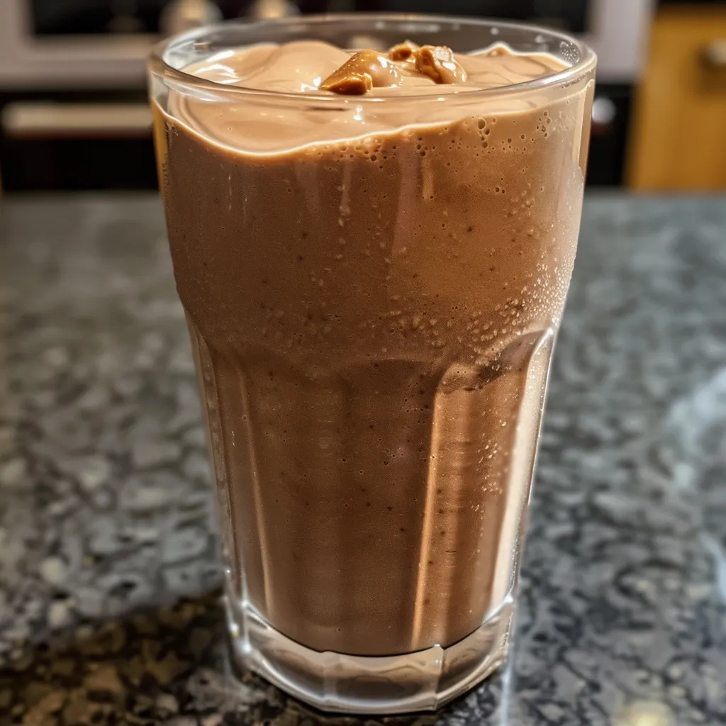 Delicious chocolate protein shake shown in a clear glass, with a side of peanut butter ready to mix in.