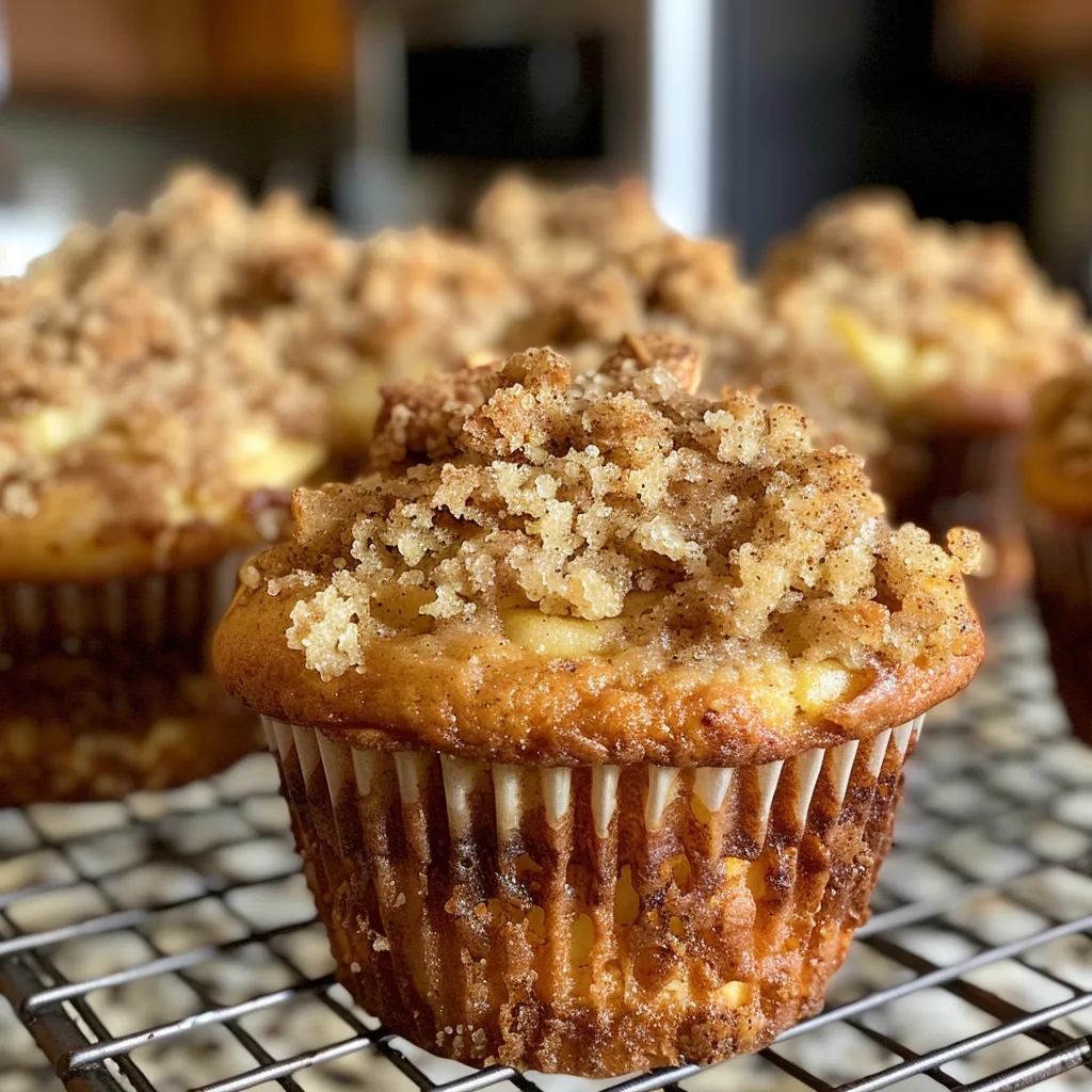 A detailed side view of luscious cinnamon apple muffins, revealing their fluffy interior and cinnamon sprinkle on top.
