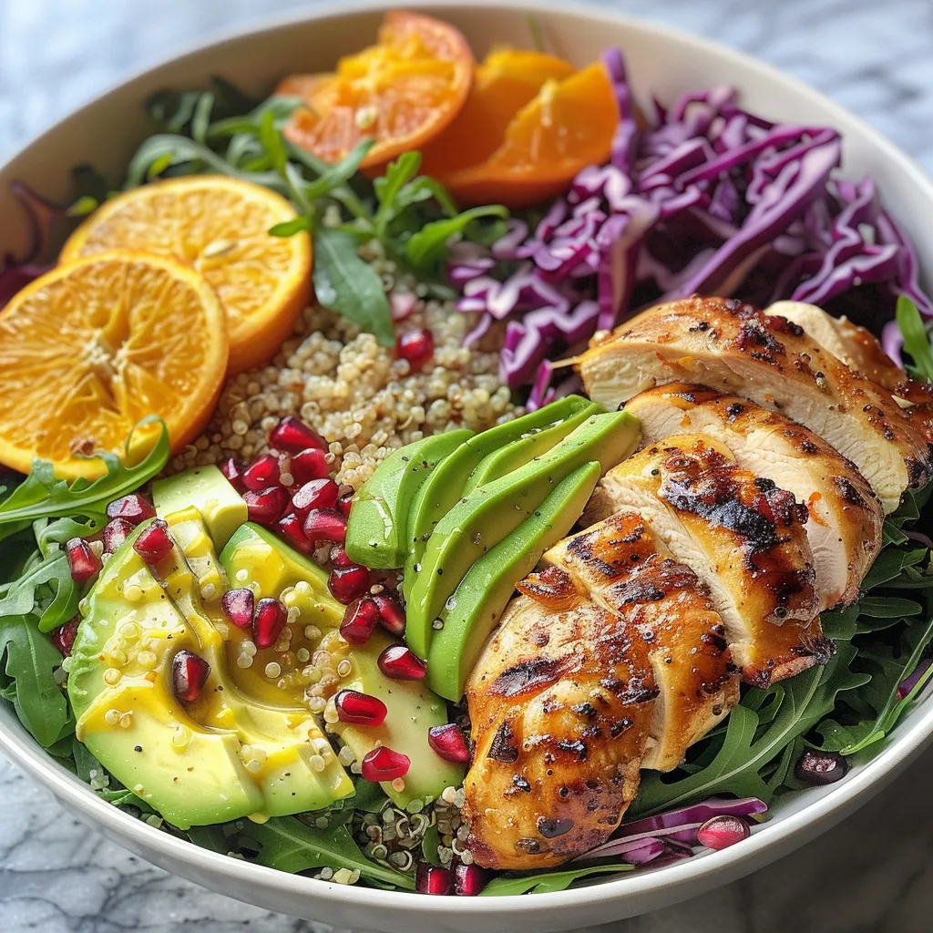 Detailed view of a Citrus Chicken Quinoa Salad with arugula and shredded cabbage.