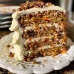 Juicy slice of Classic Carrot Cake with a rich cream cheese frosting on top.