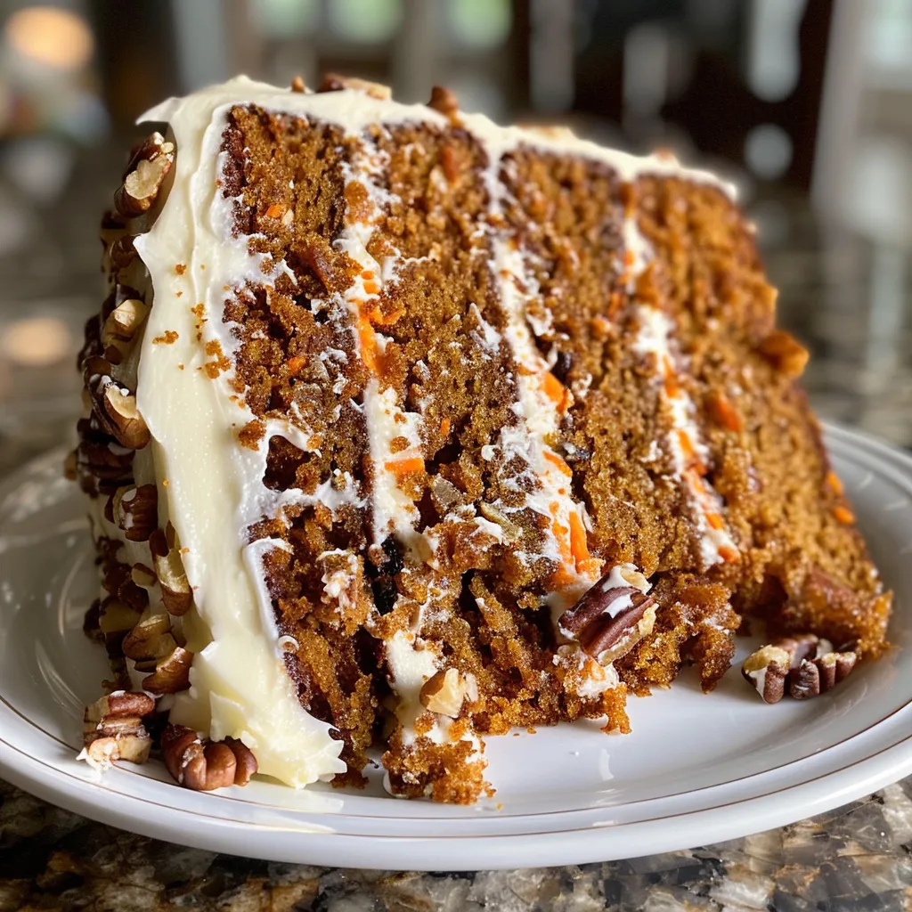 Delicious Classic Carrot Cake slice, featuring visible raisins and nuts in the layers.