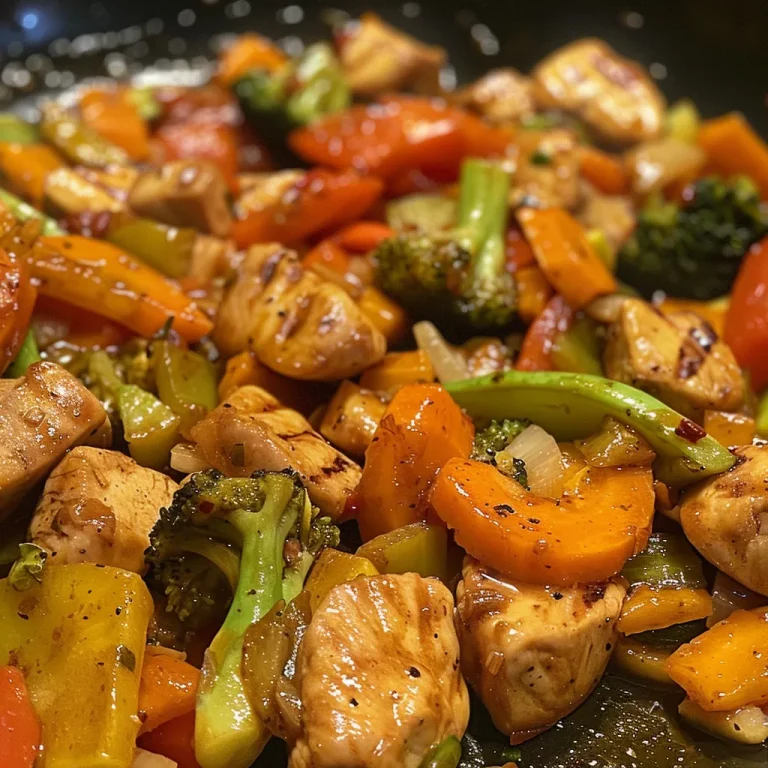 A plate filled with clean eating chicken and mixed vegetables in a stir fry, viewed from the side.