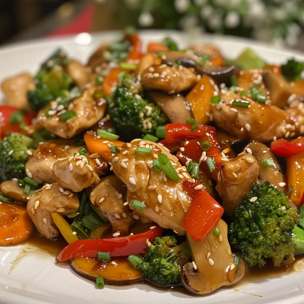 Juicy chicken and fresh vegetables stir fry, displayed in an appetizing close-up.