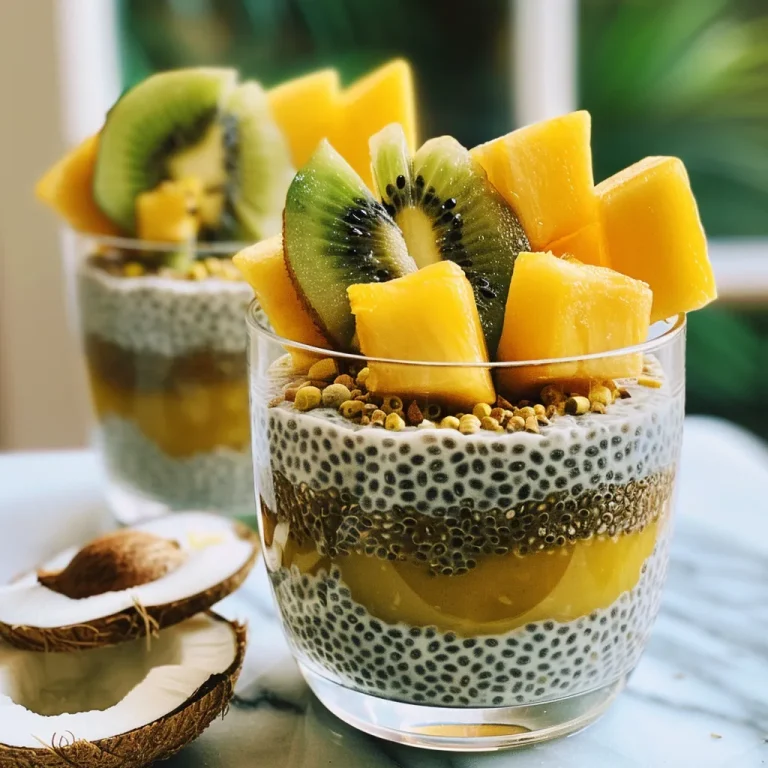 Detailed image of a chia pudding parfait featuring chia seeds, turmeric, and assorted tropical fruits.