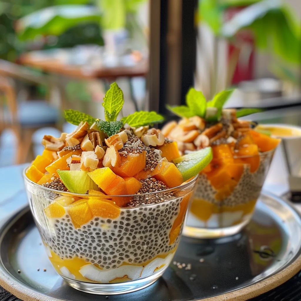Close-up of a coconut chia pudding parfait with a mix of tropical fruit and turmeric puree.