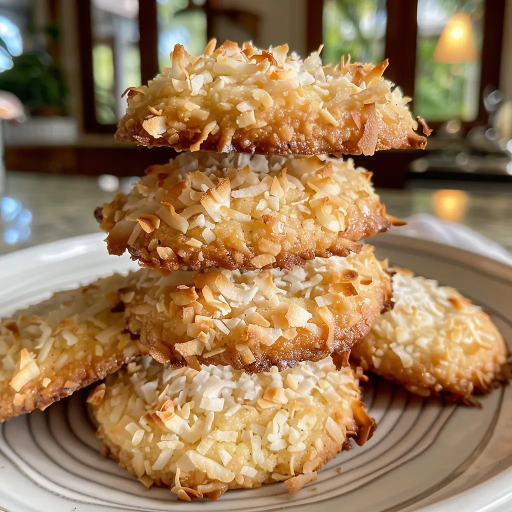 Deliciously chewy coconut cookies with a crispy edge, revealed in close-up.