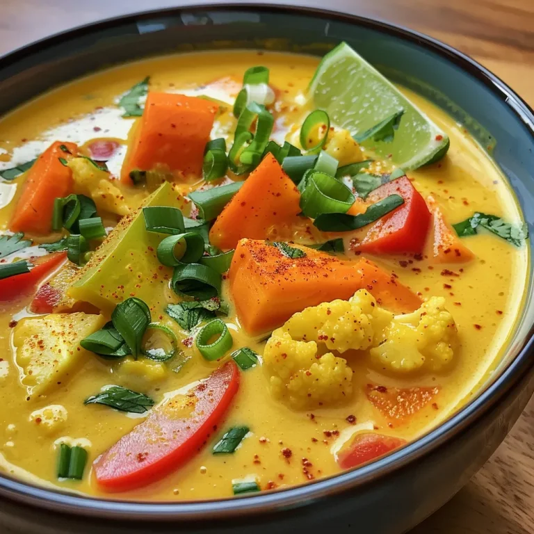 Juicy Coconut Curry Soup in a bowl, showcasing fresh vegetables and herbs.
