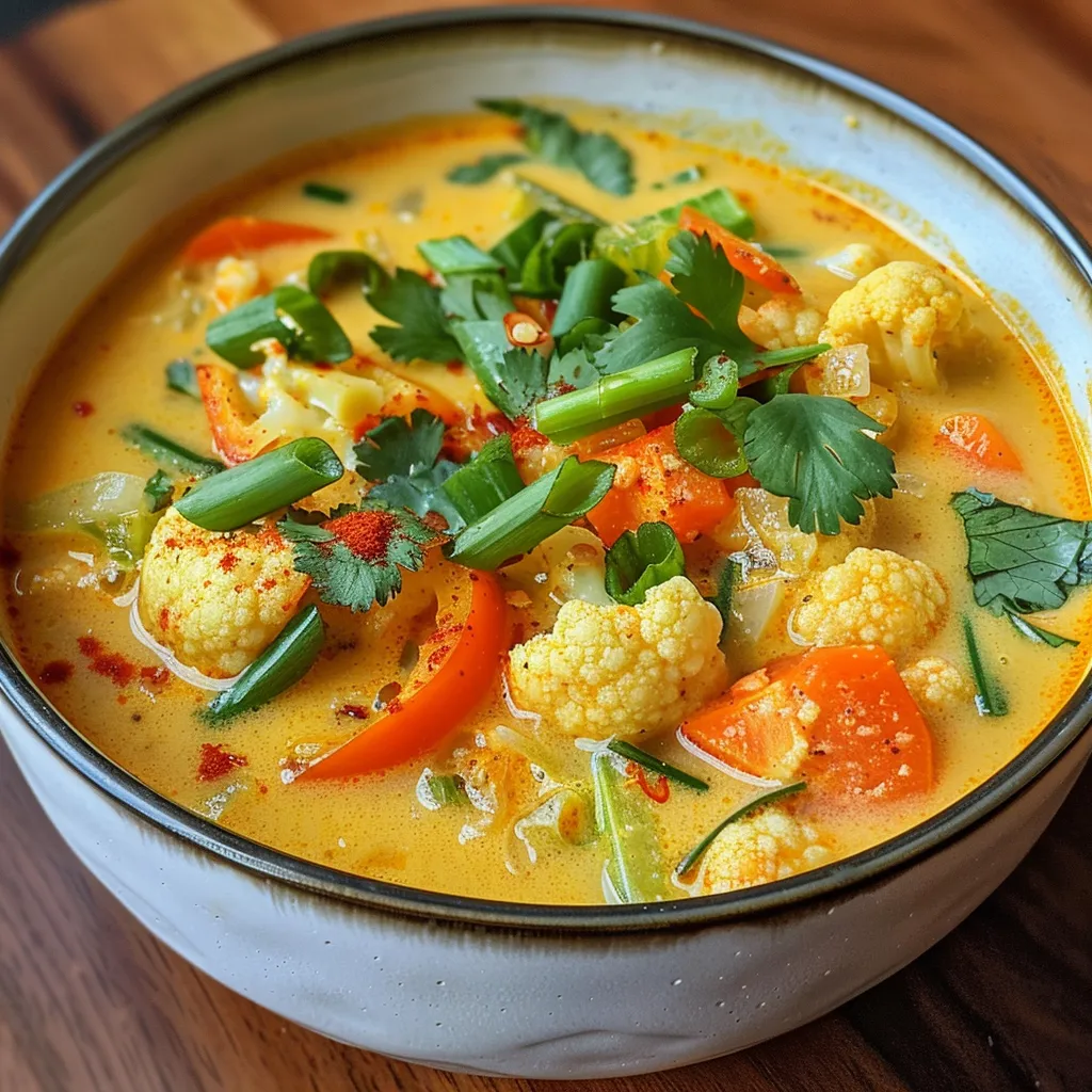 Coconut Curry Soup close-up, highlighting its rich color and texture.