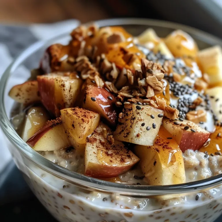 An inviting serving of overnight oats featuring rolled oats, diced apples, and a cinnamon garnish in a clear glass bowl.