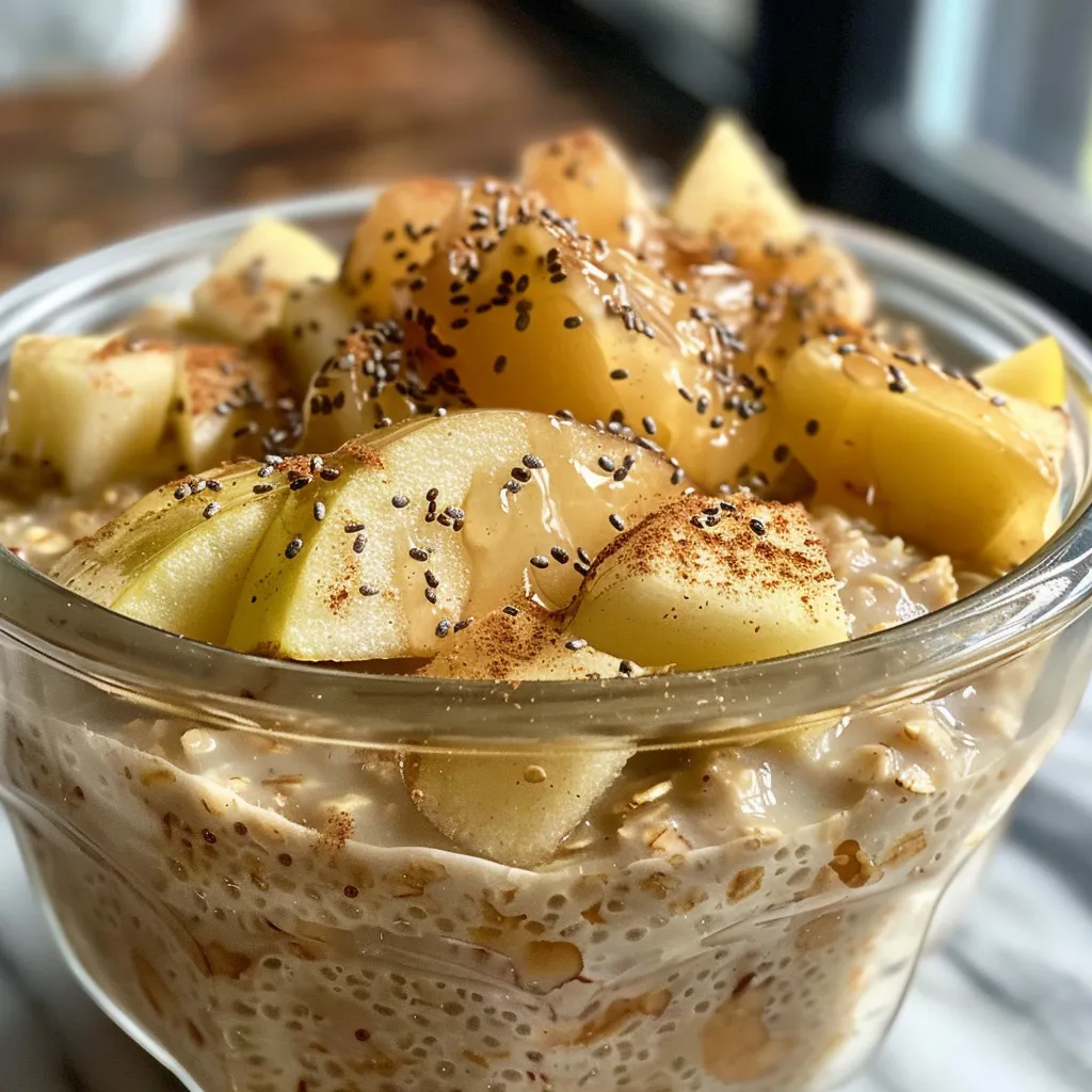 A deliciously prepared bowl of apple cinnamon overnight oats, showcasing layers of oats, yogurt, and fresh apple pieces.