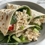 Side view of a juicy chicken salad wrap, highlighting its creamy filling and vibrant colors.