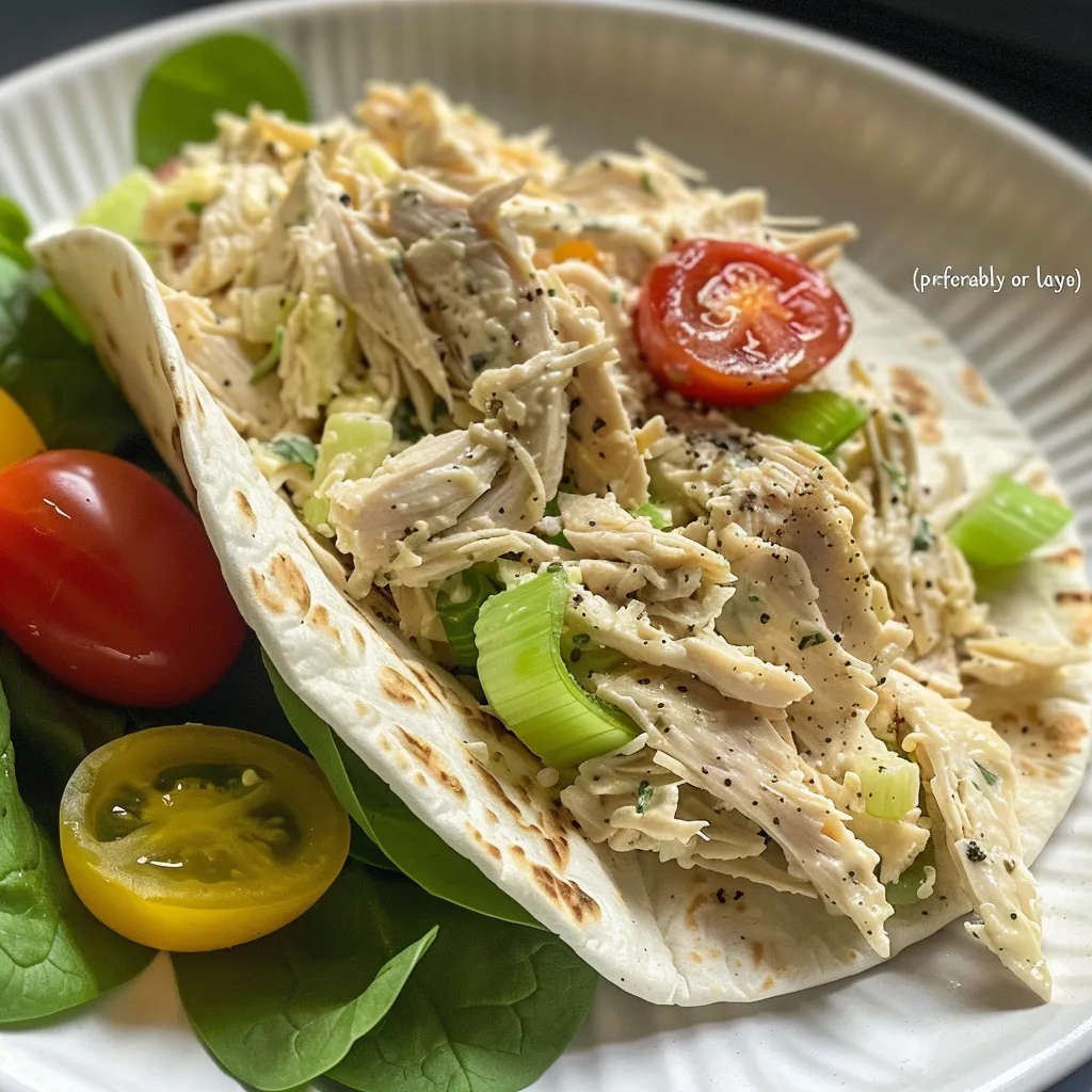 Tasty creamy chicken salad wrap featuring shredded chicken and fresh greens.